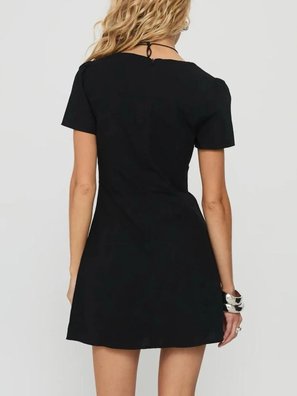 Princess House Black Mini Dress with V-Neck and Button Front